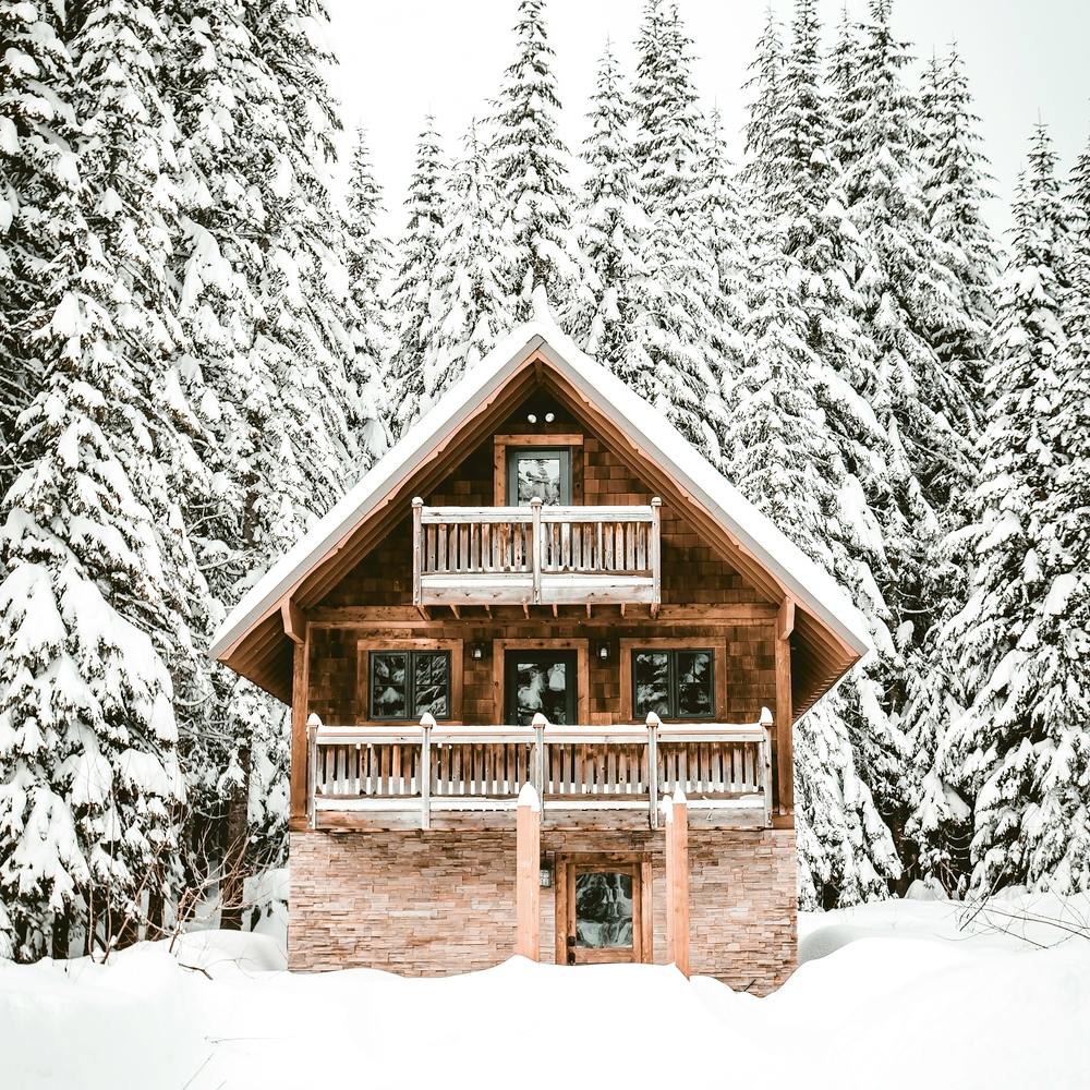 Cabin In The Snowy Pine Woods