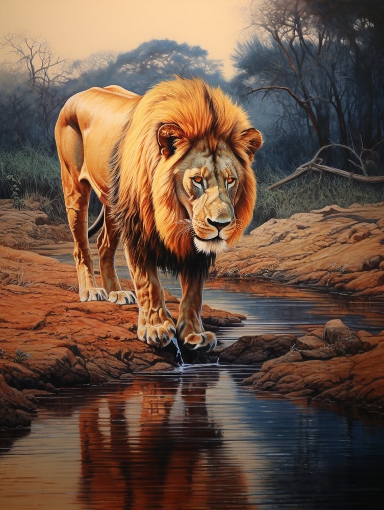 African Lion Drinking From A Stream Realistic 6