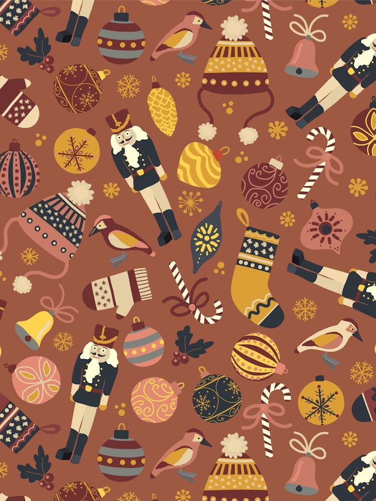 Scattered Christmas Toys, Ornaments, and Treats Pink Yellow Rust Red