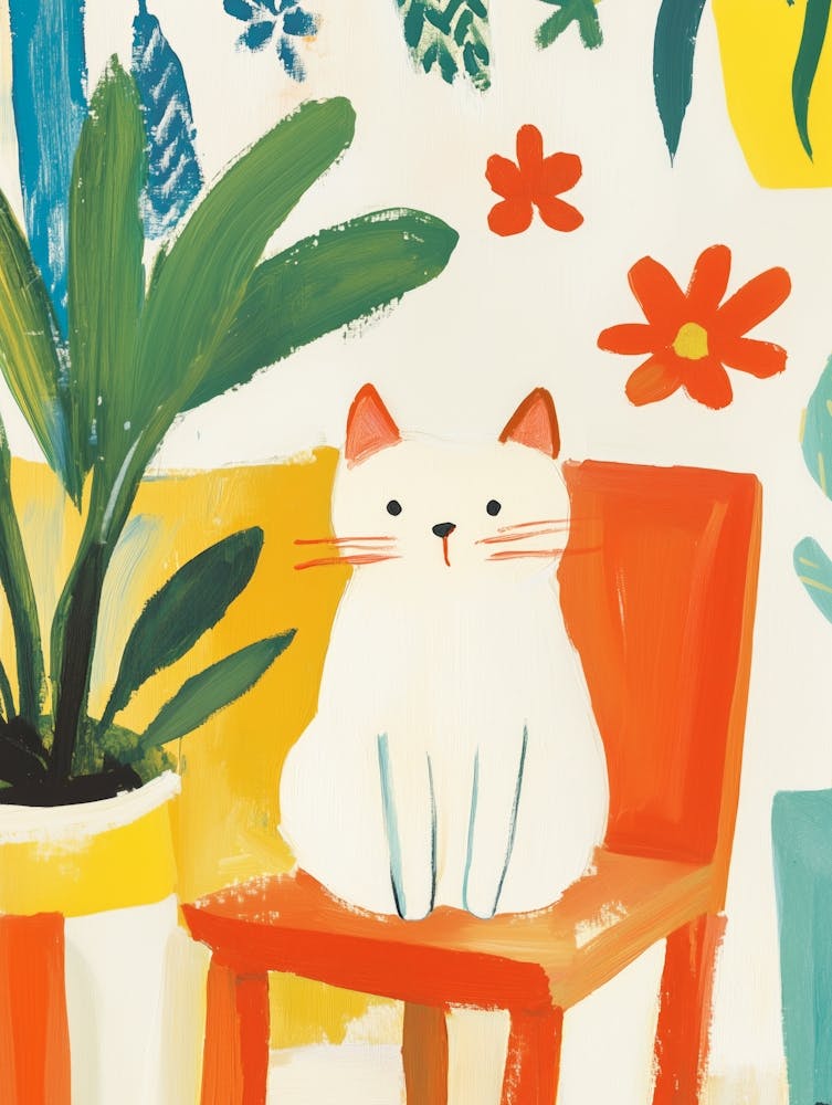 White Cat on a Chair Gouache Painting