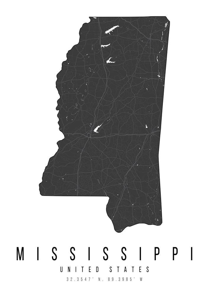 Mississippi Mono Black And White Modern Minimal Street Map
