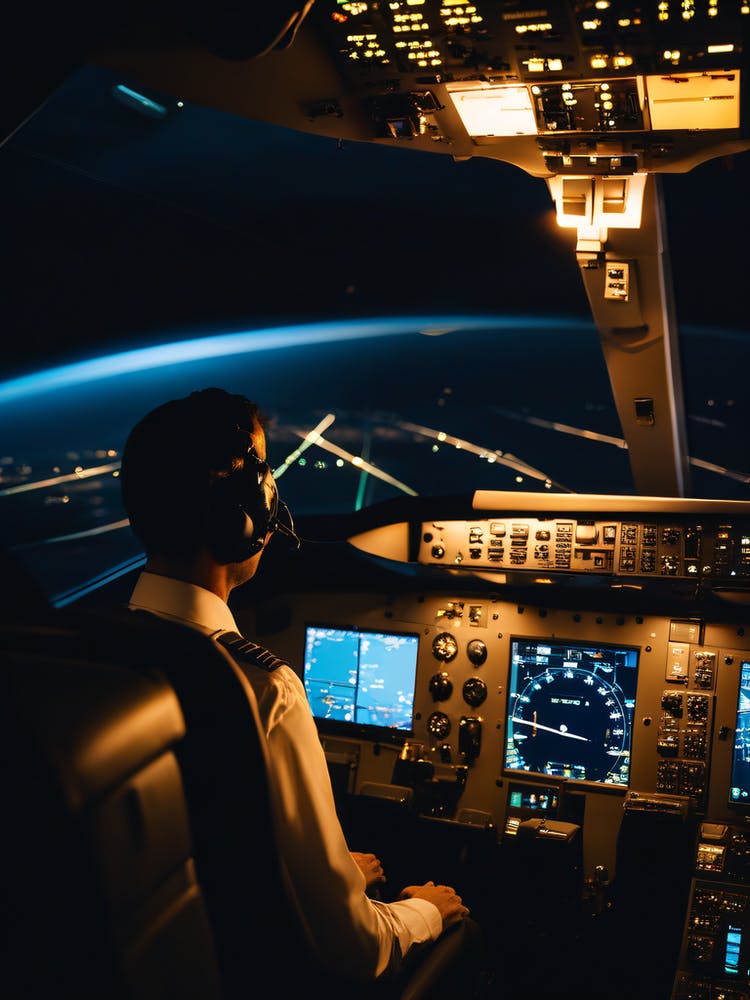 Pilot In Cockpit At Night