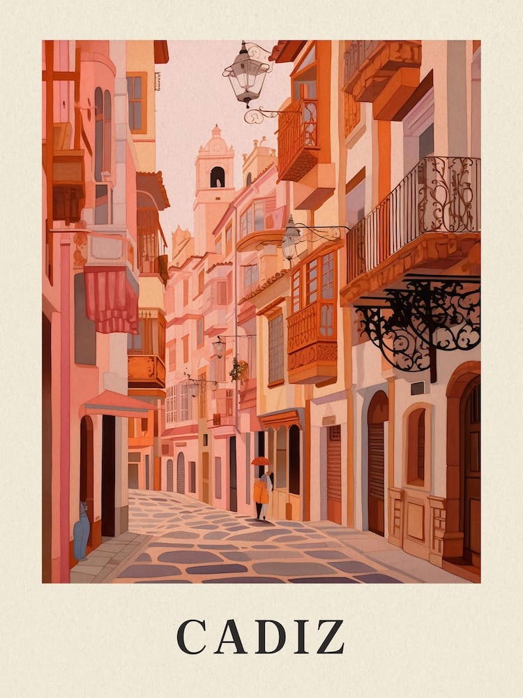 Cadiz Spain 2 Vintage Pink Travel Illustration Poster