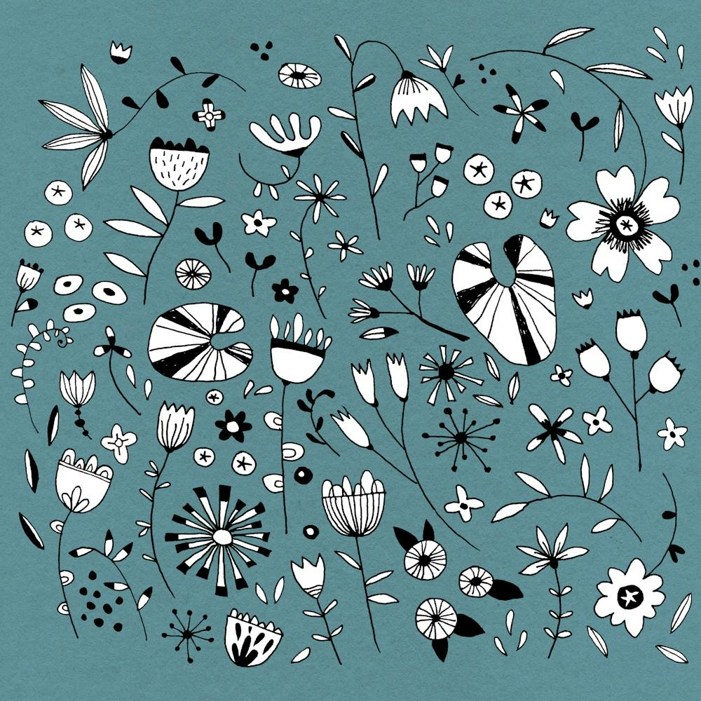 Black White and Teal Green Flower Drawings