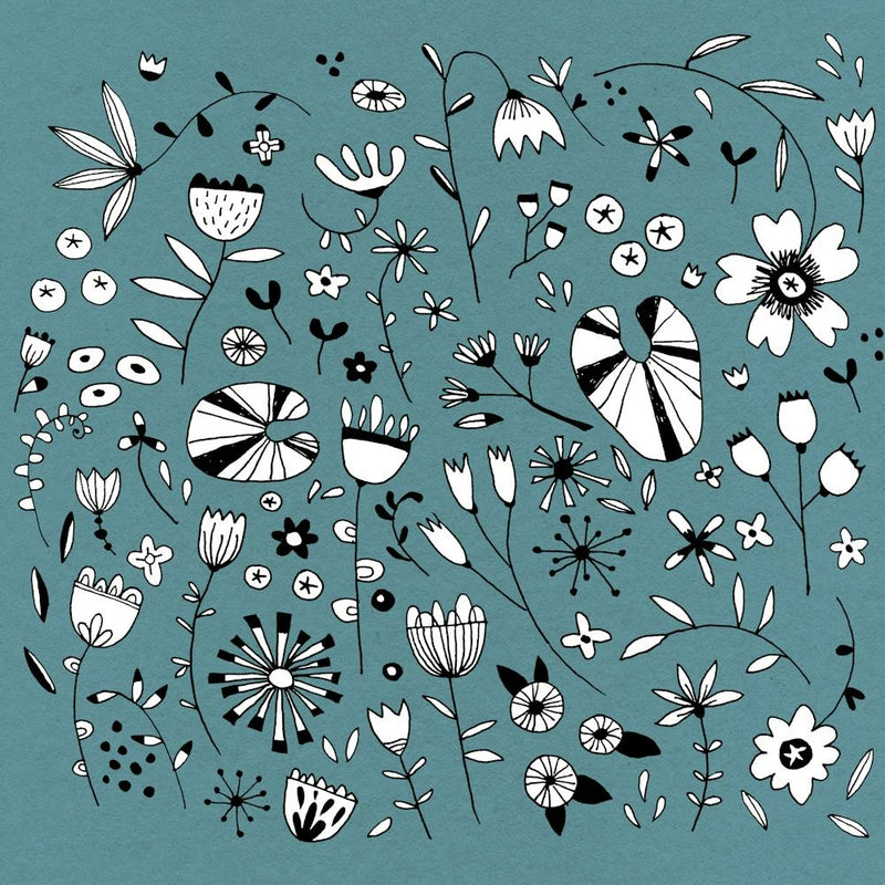 Black White and Teal Green Flower Drawings