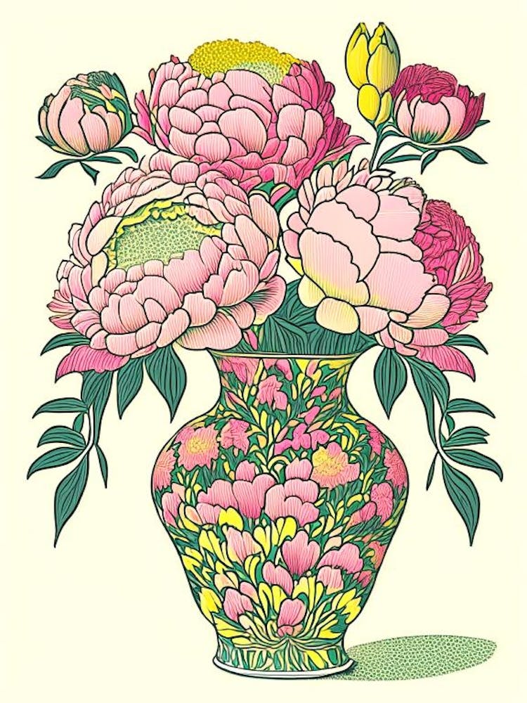 Vase Of Colourful Peonies Pink And Yellow 3 Drawing