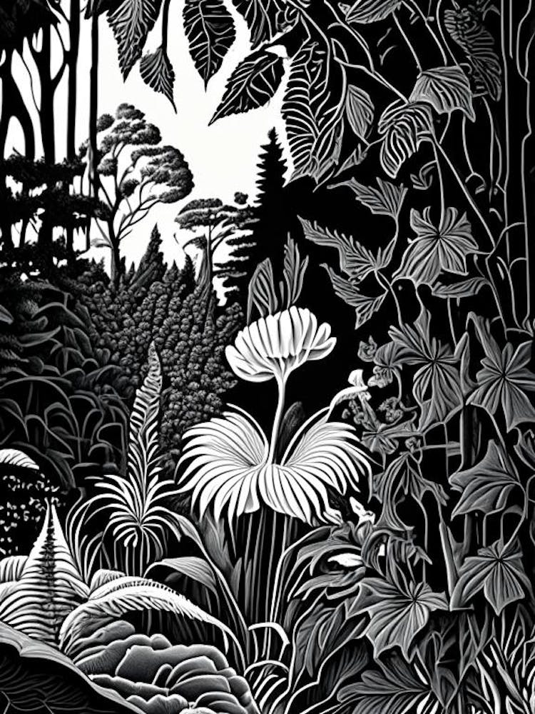 Botanischer Garten München Nymphenburg, Germany Linocut Black And White Vintage