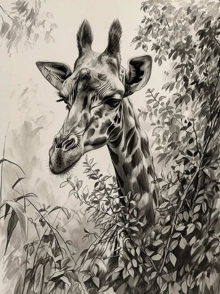Bleistiftporträt einer Giraffe in den Blättern 4