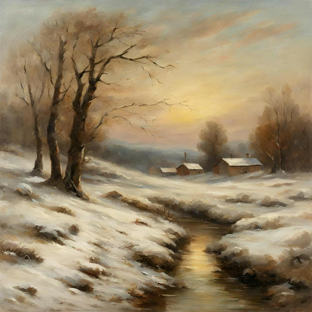 Winter in the French countryside: landscape resembling an oil painting, square format.