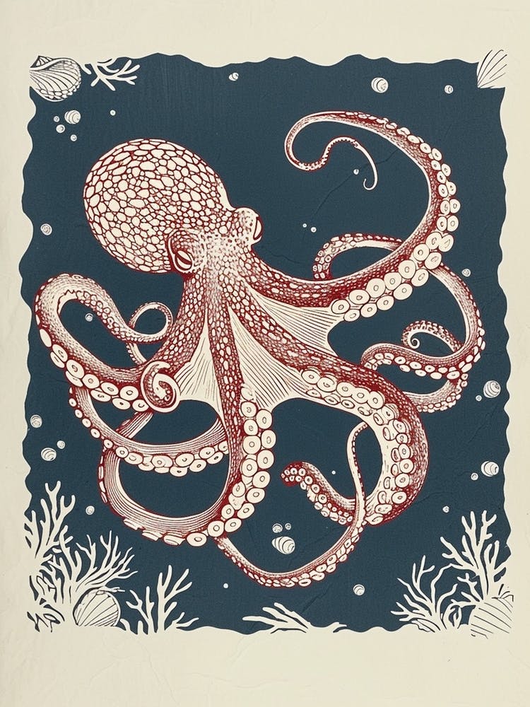Octopus In The Ocean Linocut Style