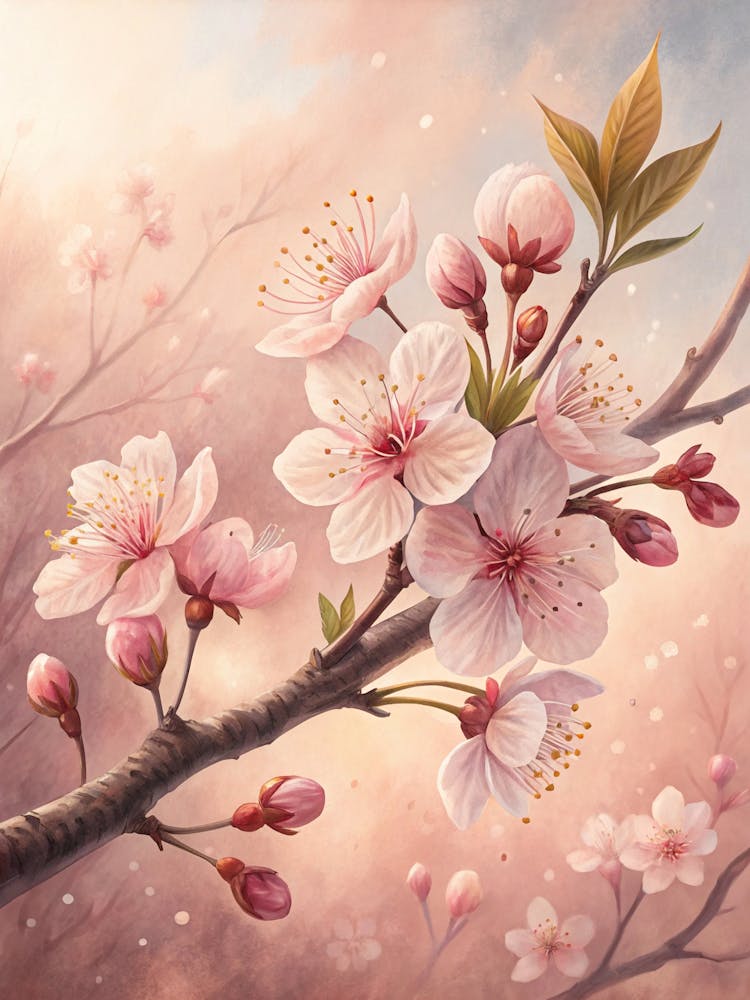 Oil Painting Style Delicate Cherry Blossoms