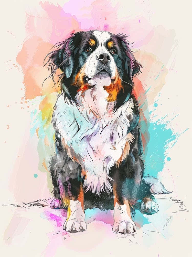 Bernese Mountain Dog Dog Pastel Line Watercolour Illustration  1