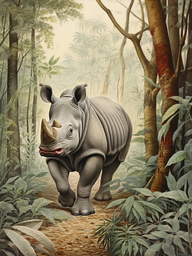 Rhino In The Green Leaves Realistic Illustration 4