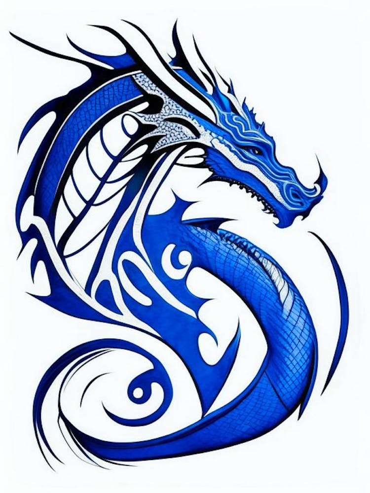 Dragon Symbol Blue And White Line Drawing
