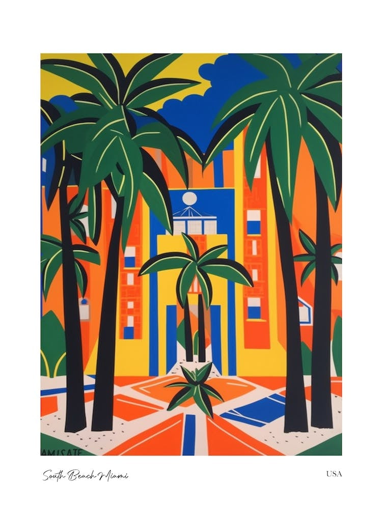 South Beach Miami Usa Matisse Style 1 Watercolour Travel Poster