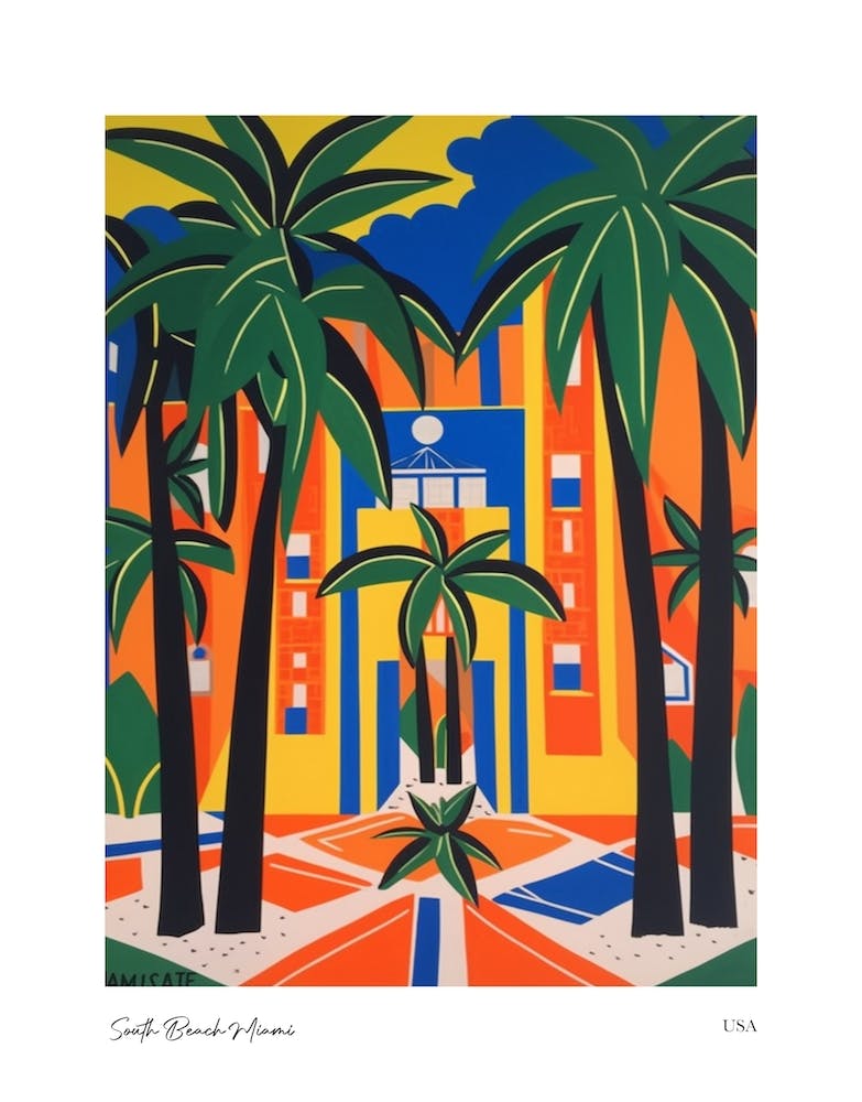 South Beach Miami Usa Matisse Style 1 Watercolour Travel Poster