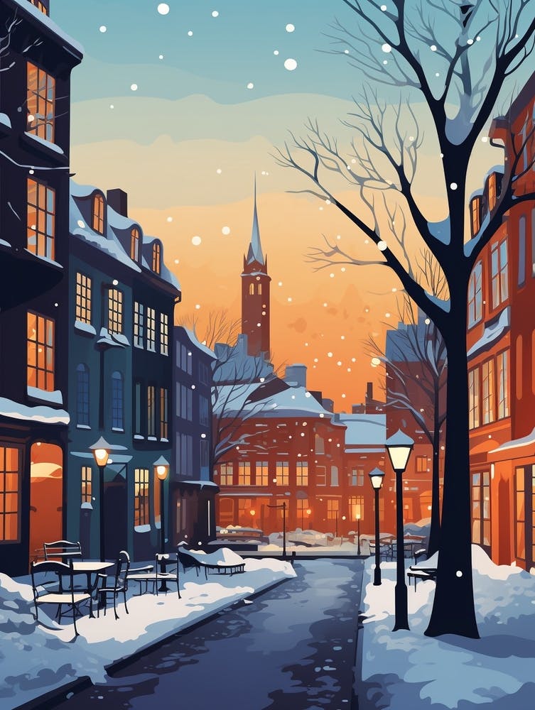 Winter Travel Night Illustration Copenhagen Denmark 5