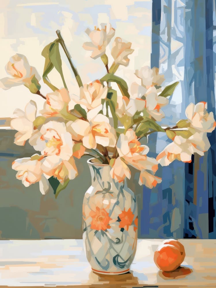 Freesia Flower And Peaches Still Life Painting 2 Dreamy