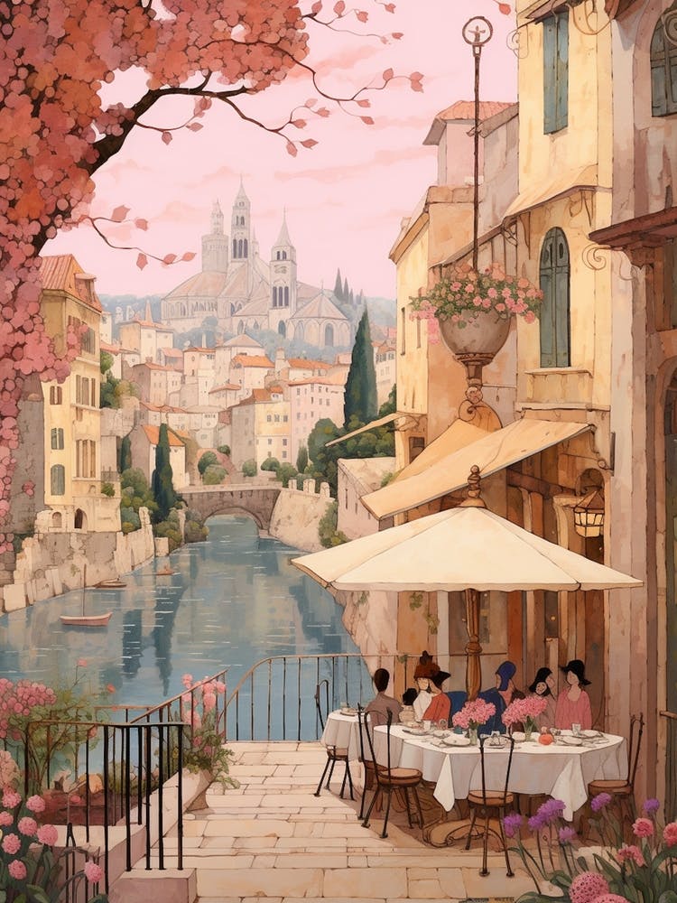 Nice France 6 Vintage Pink Travel Illustration