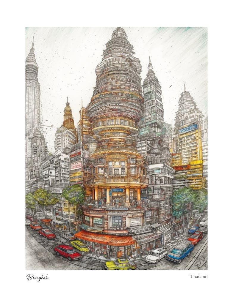 Bangkok Thailand Drawing Pencil Style 2 Travel Poster