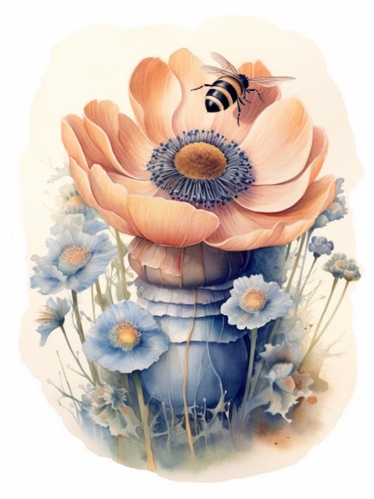 Ruche Avec Fleur d'Anémone Illustration Aquarelle 2