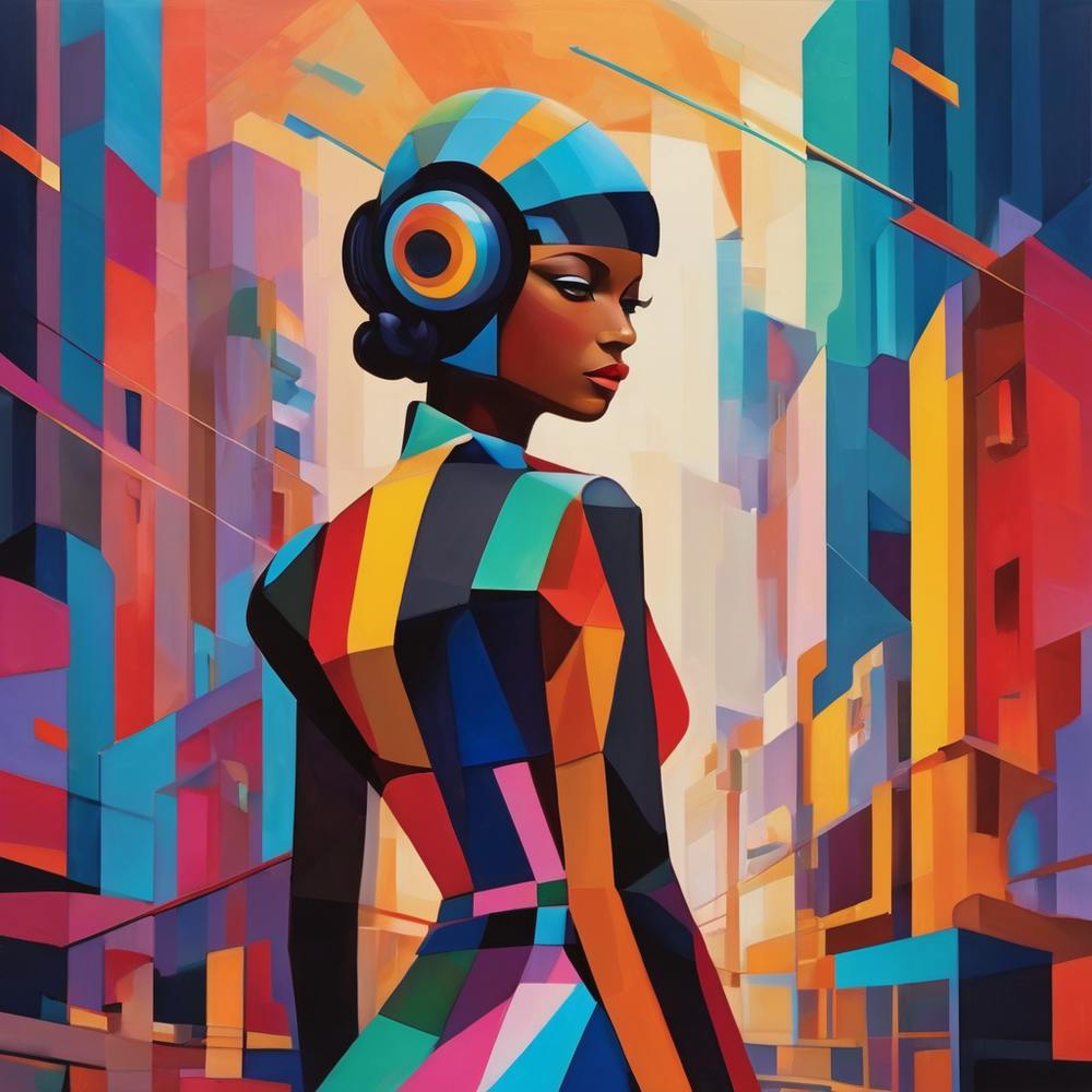 AI woman in futuristic city.