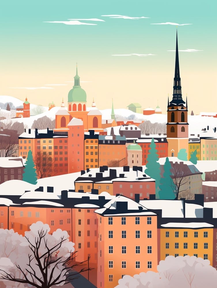 Vintage Winter Travel Illustration Stockholm Sweden 2