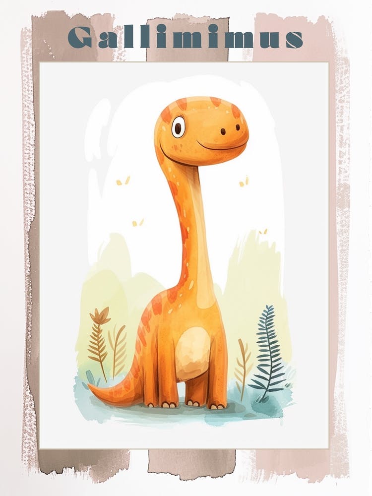 Cute Cartoon Gallimimus Dinosaur Watercolour 2 Poster