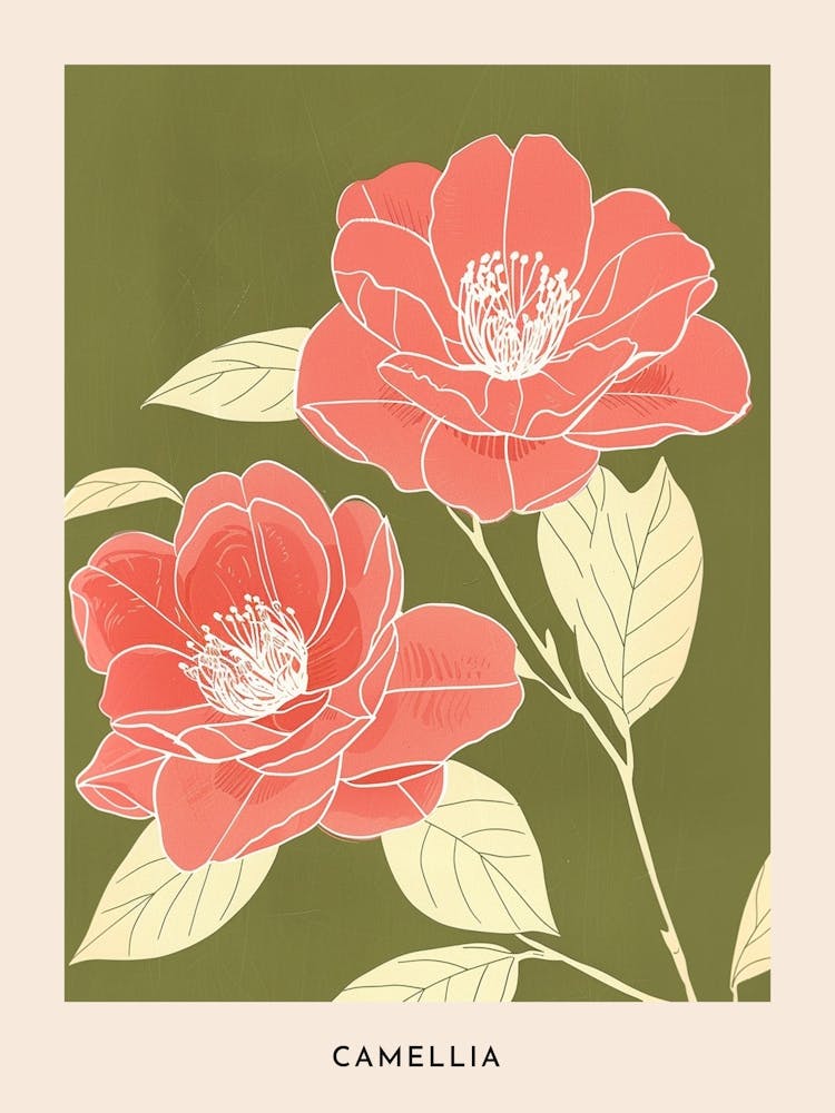 Pink & Green Camellia 3 Flower Poster