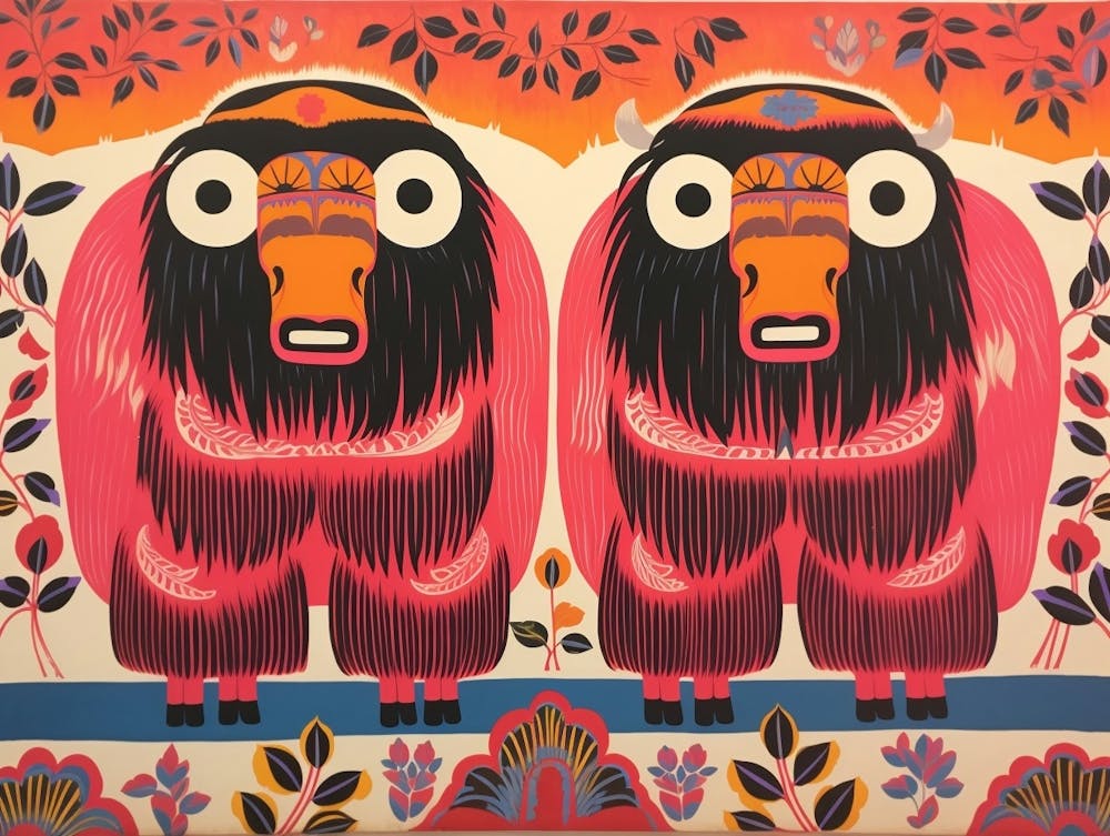 Muskox 2 Folk Style Animal Illustration