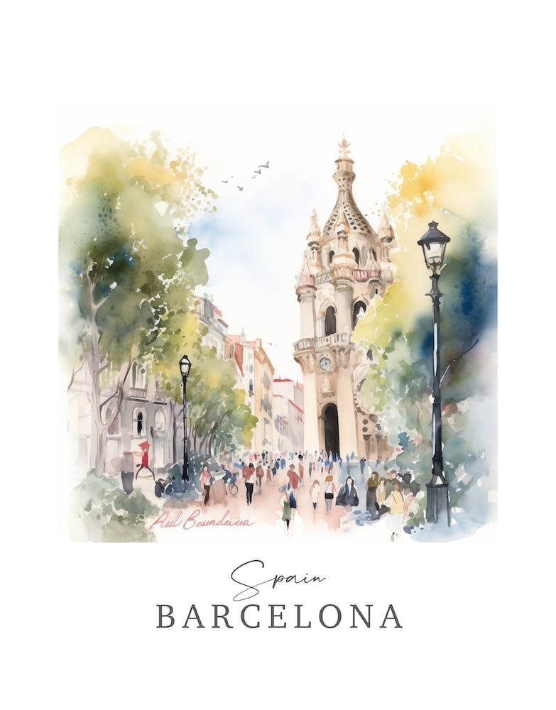 Spain, Barcelona Storybook 1 Travel Poster Watercolour
