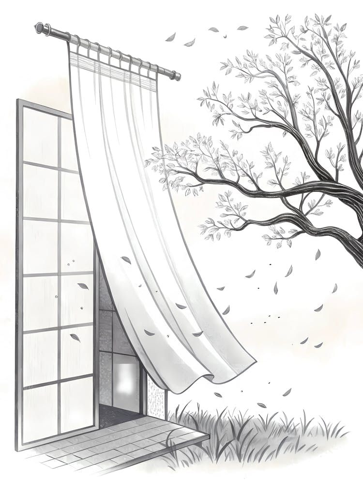 Minimalist Ink Sketch Of Hanging Noren Curtain F