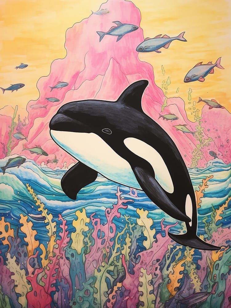 Colourful Mountain Orca Whale Drawing 2