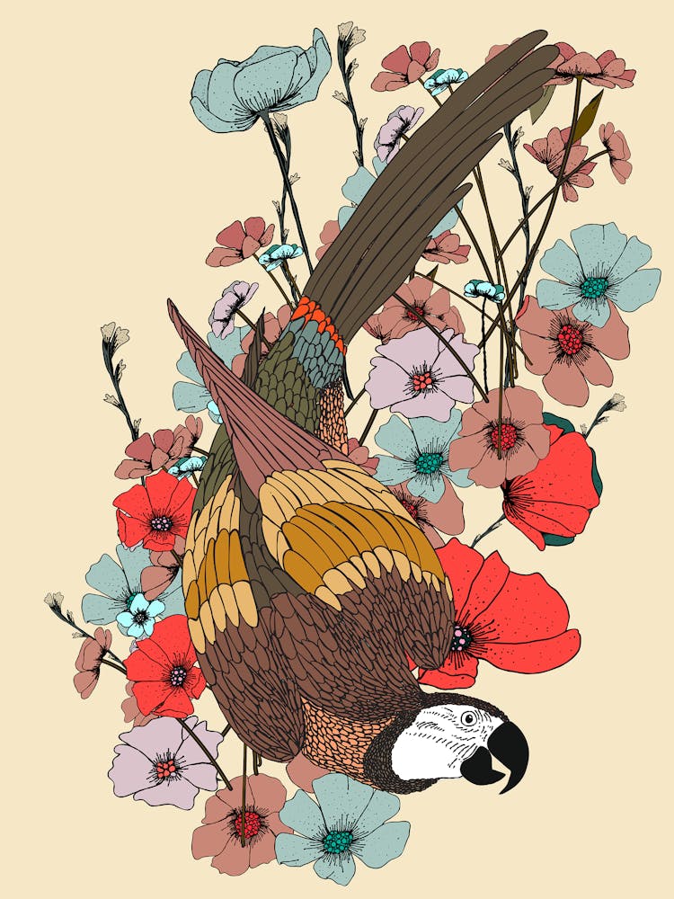 Vintage Parrot With Flowers