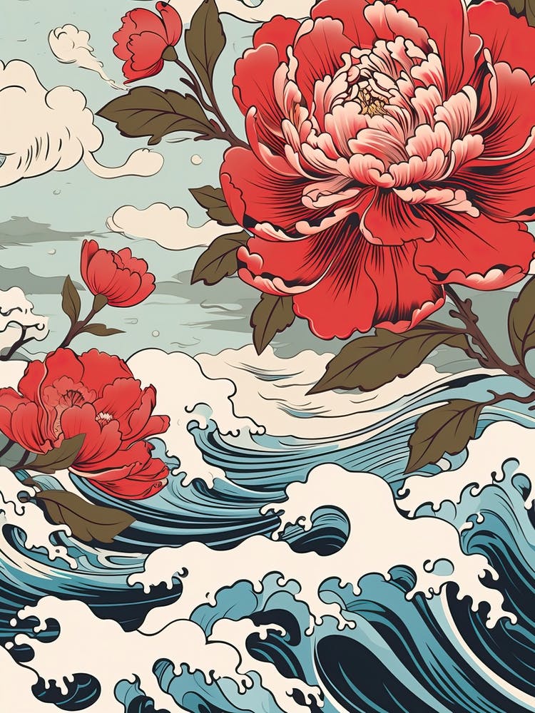 Great Wave With Peony Flower Drawing In The Style Of Ukiyo E 1