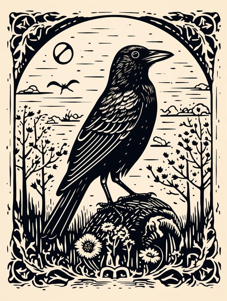 B&W Bird Linocut Crow 4