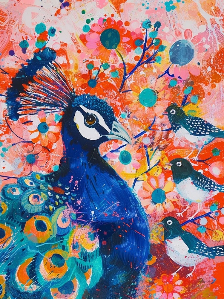 Peacock & Birds Loose Brushstroke Painting 1