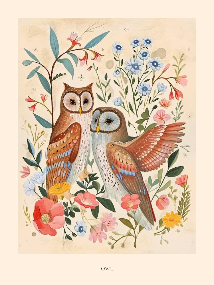 Folksy Floral Animal Drawing Owl Poster
