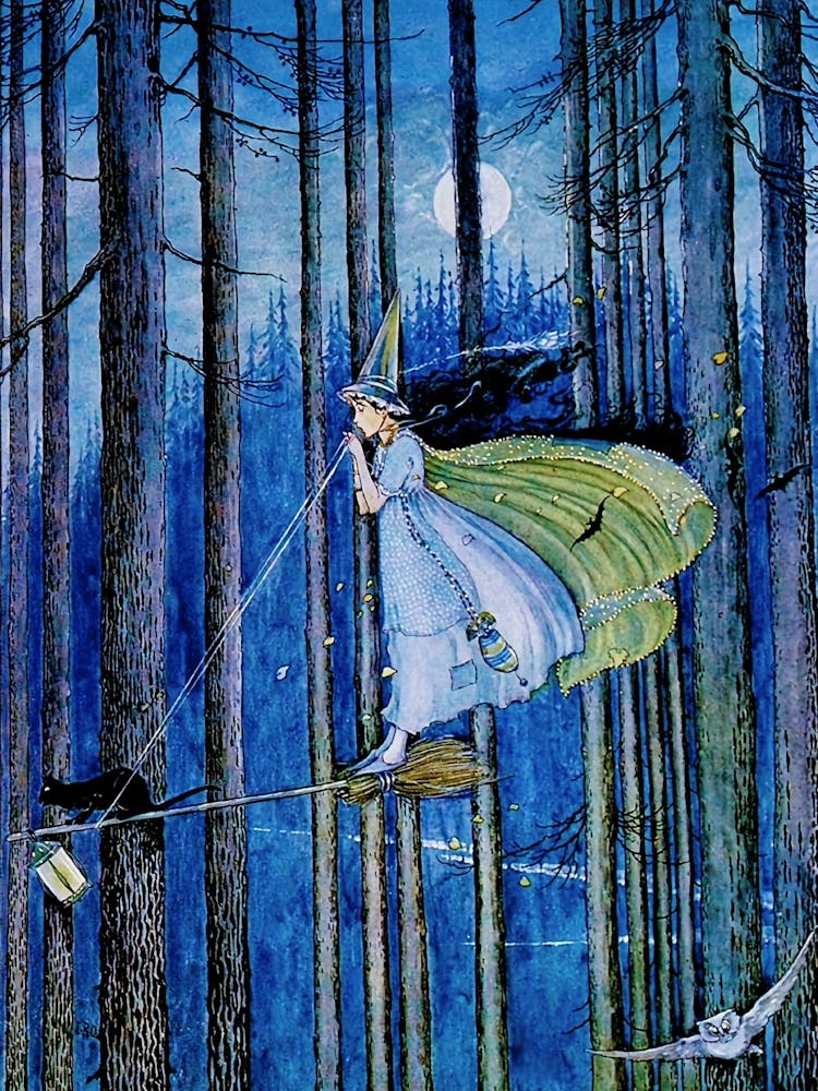 Witch and Black Cat on a Broomstick - Ida Rentoul Outhwaite - 1921 from the book 'Fairyland' story 'The Enchanted Forest' Witchy Pagan Fairytale Vintage Art Deco Illustration Witchcore Fairycore Owl Flying Witches Full Moon