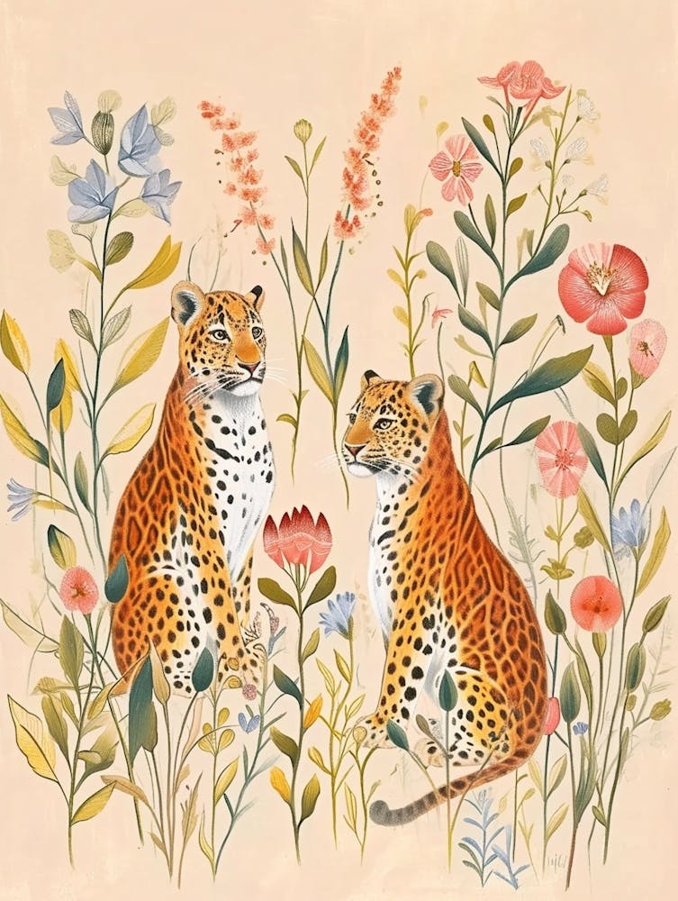 Folksy Floral Animal Drawing Leopard
