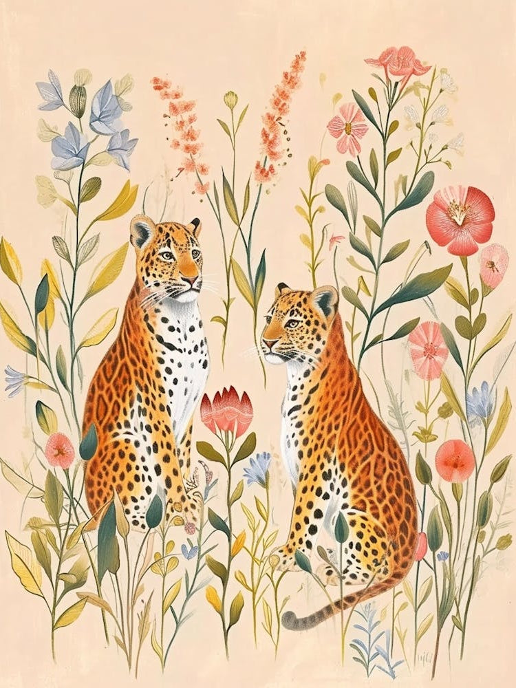 Folksy Floral Animal Drawing Leopard