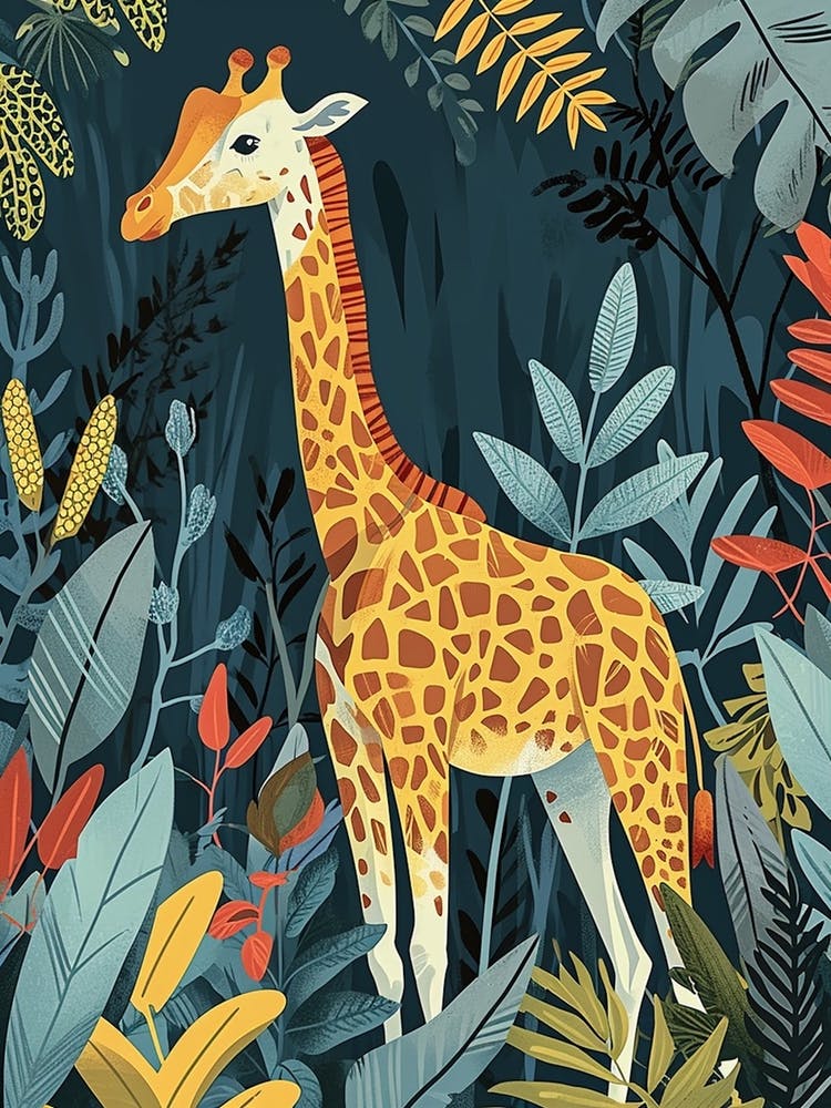 Giraffe With Leaves Colourful Illustration 4