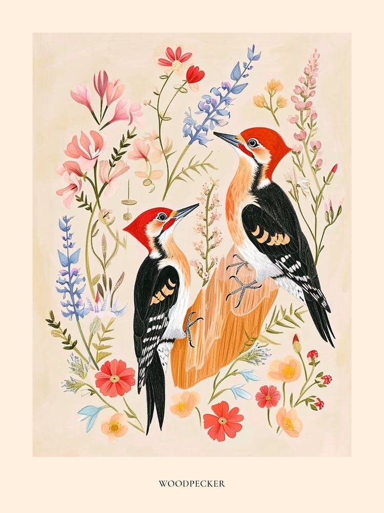 Folksy Floral Animal Drawing Woodpecker 2 Poster