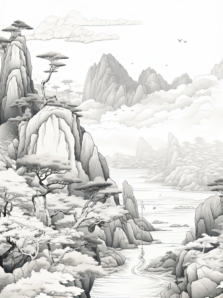 Yakushima Insel In Kagoshima, Ukiyo E Schwarz-Weiß-Strichzeichnung 1