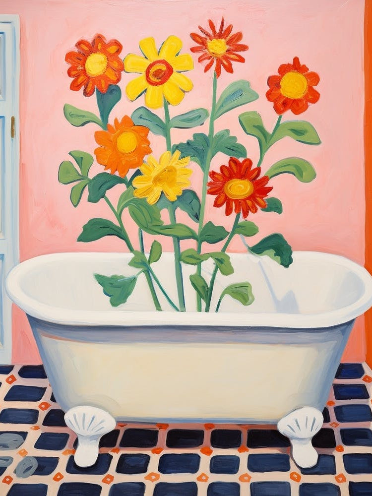 A Bathtube Full Of Zinnia In A Bathroom 4