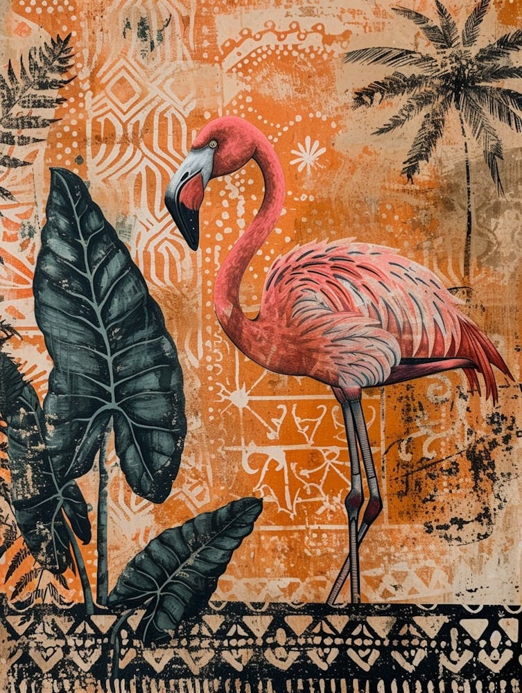 Greater Flamingo And Alocasia Elephant Ear Boho Print 2