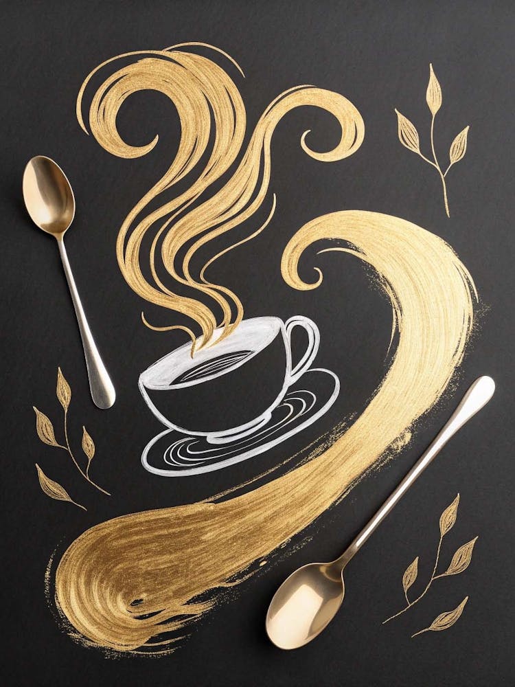 Luxury Coffee Elegance – White And Gold Minimalist Art On Black Canvas