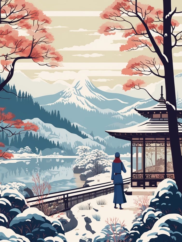 Vintage Winter Travel Illustration Hakone Japan 3