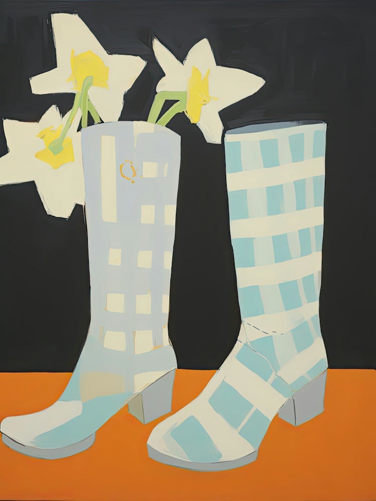 Peinture De Bottes De Cowboy Avec Des Jonquilles, Style Pop Art 2