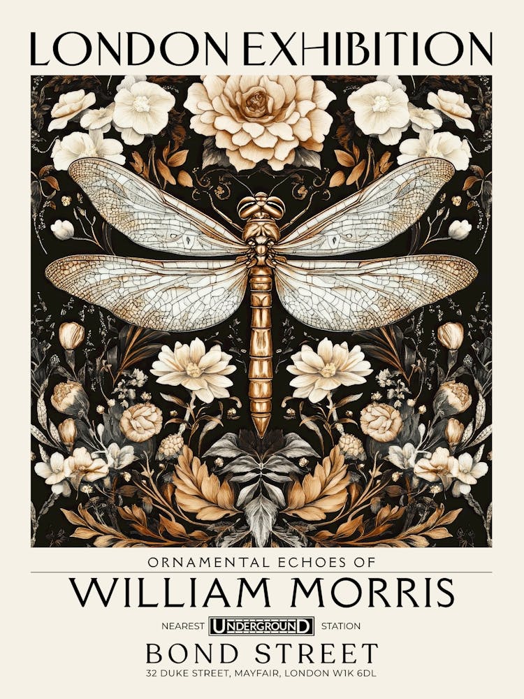 William Morris Dragonfly and floral artwork in Warm earth tones, insect and flower pattern dark academia library Botanical vintage print, living room vintage decor Floral tapestry Victorian nature art 6